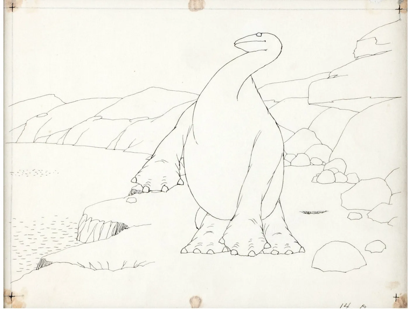 Gertie the Dinosaur rears on her hind legs (original art)