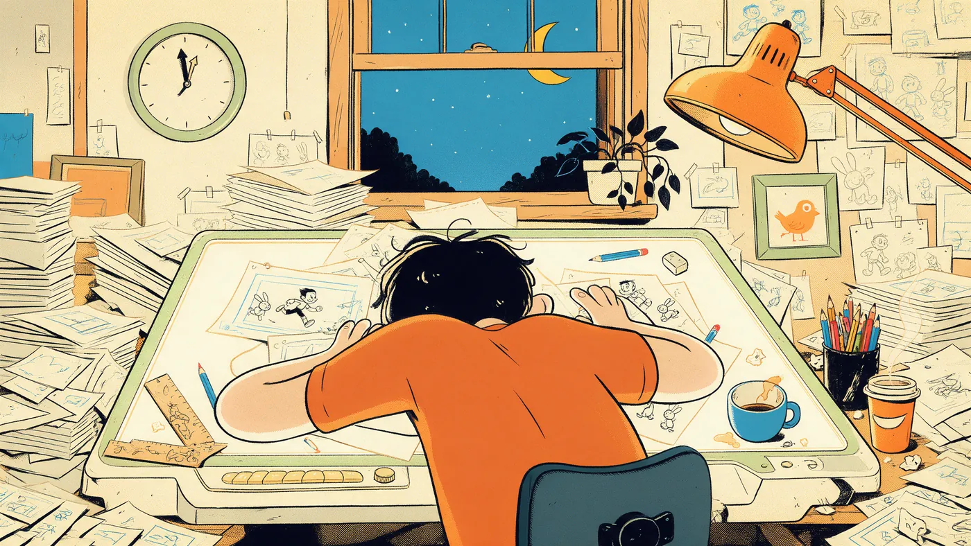 Illustrazione per l’articolo: Crunch e burnout, il lato oscuro delle scadenze nell'industria dell'animazione