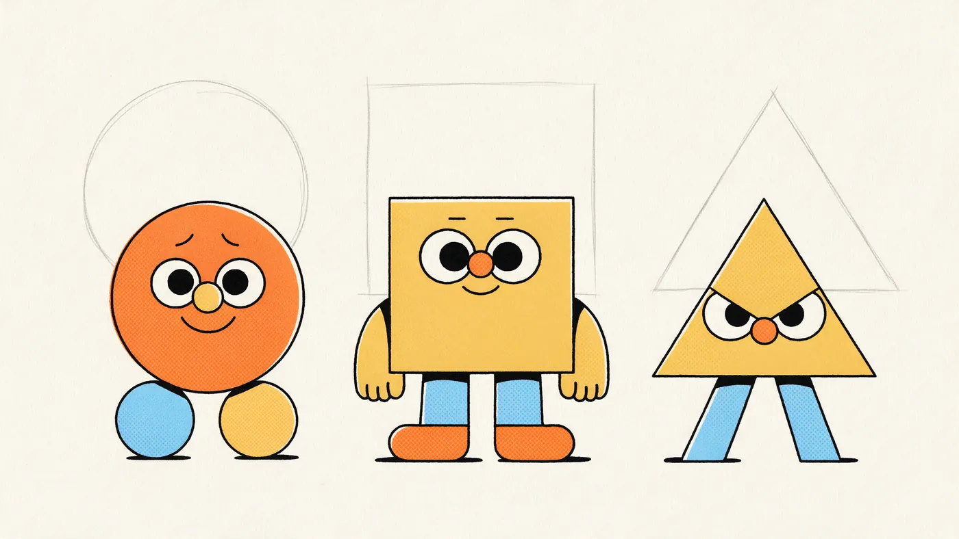 Illustrazione per l’articolo: Cerchio, quadrato, triangolo, il design dei personaggi costruito per forme base