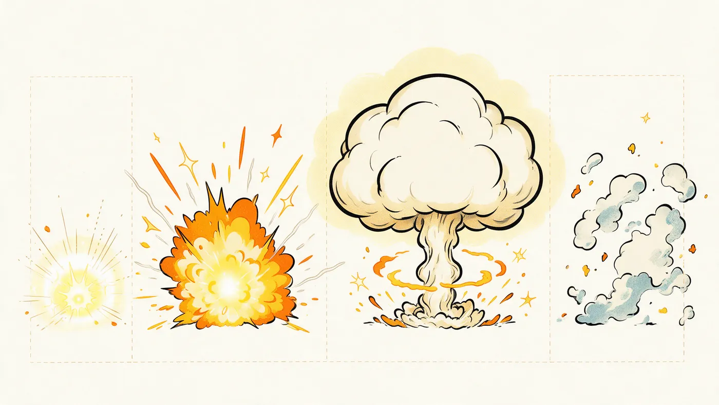 Illustrazione per l’articolo: Esplosioni animate a mano, le fasi del boom e i tempi per renderlo potente