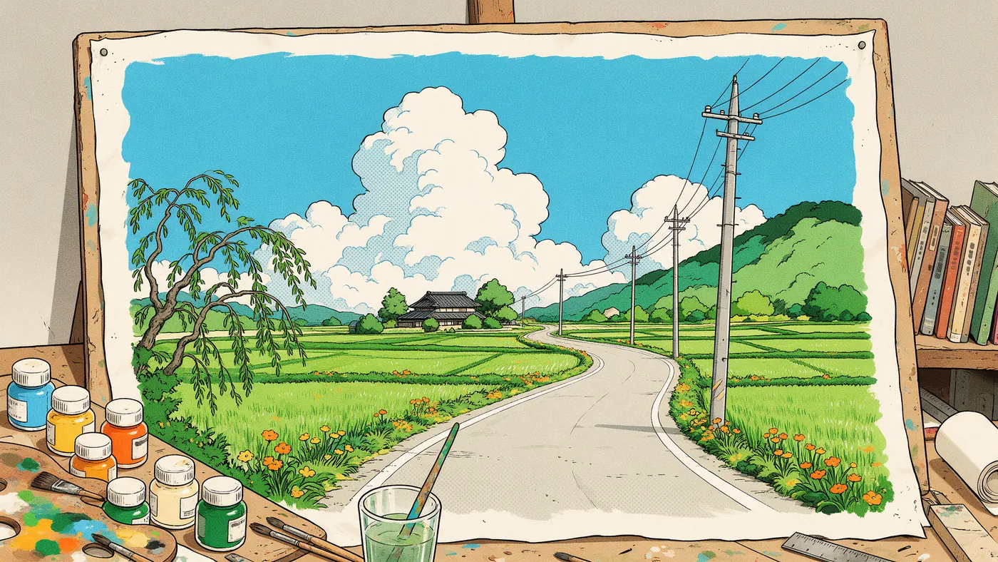 Illustrazione per l’articolo: I fondali dipinti degli anime, dai colori a tempera di Kazuo Oga al digitale