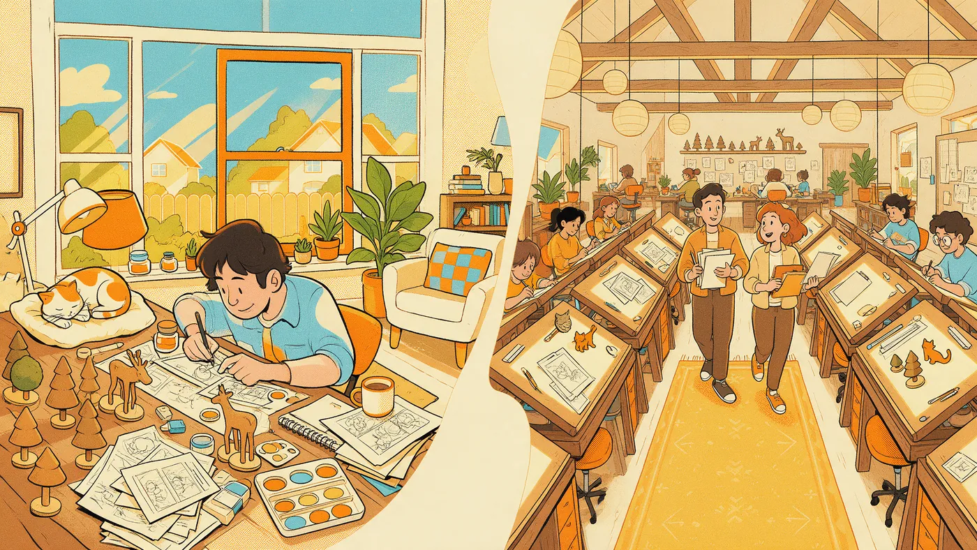 Illustrazione per l’articolo: Freelance o in studio? Pro e contro delle due vite dell'animatore