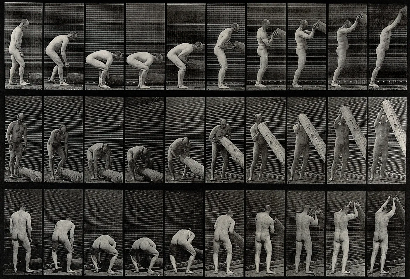 A man lifting a trunk. Photogravure after Eadweard Muybridge Wellcome V0048693