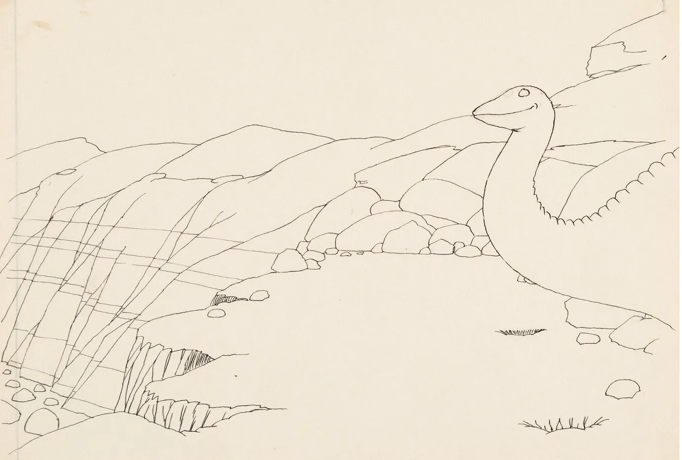 Gertie the Dinosaur looks in from offscreen (original art)