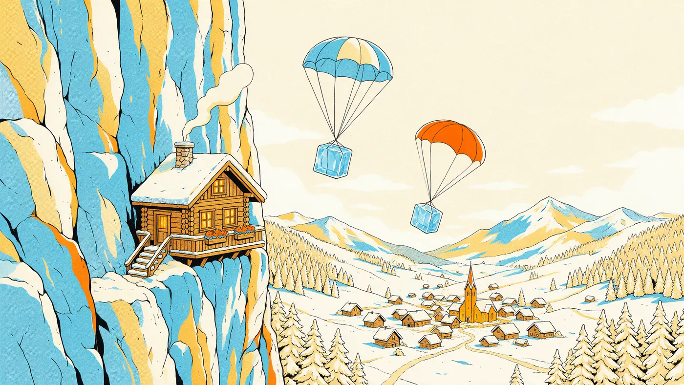 Illustrazione per l’articolo: Ice Merchants, padre e figlio appesi a una parete di roccia