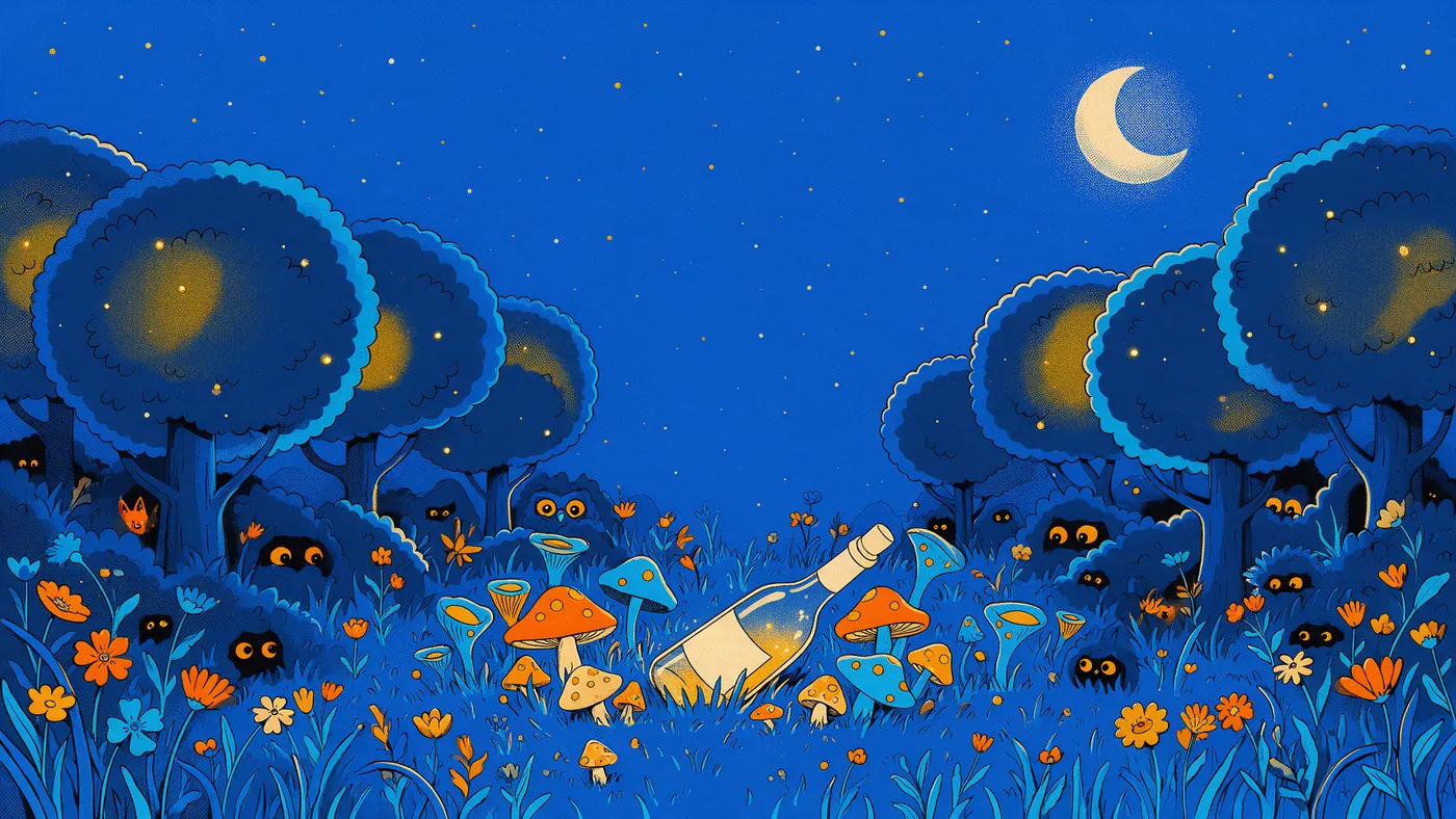 Illustrazione per l’articolo: Merlot, la nonna, il bosco blu e una bottiglia smarrita