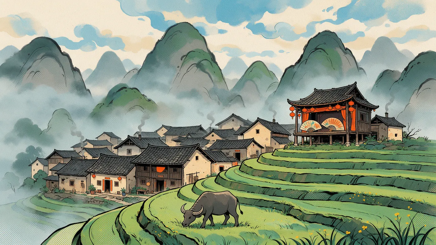 Illustrazione per l’articolo: Muyi, la légende du village des femmes, Julien Chheng disegna una Cina tra fiaba e calligrafia