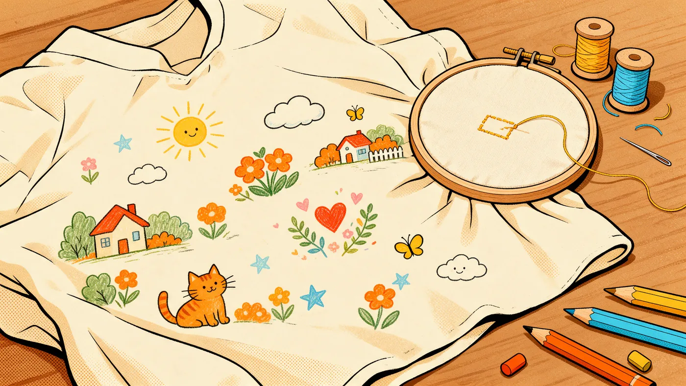 Illustrazione per l’articolo: Our Uniform, Yegane Moghaddam disegna la scuola iraniana sulla stoffa del velo