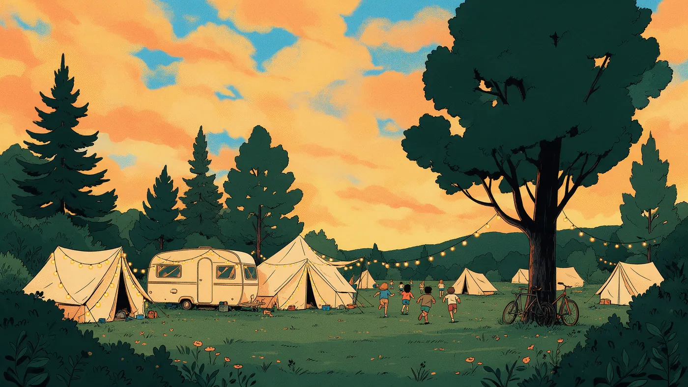 Illustrazione per l’articolo: Beurk! di Loïc Espuche, il primo bacio visto da un campeggio estivo