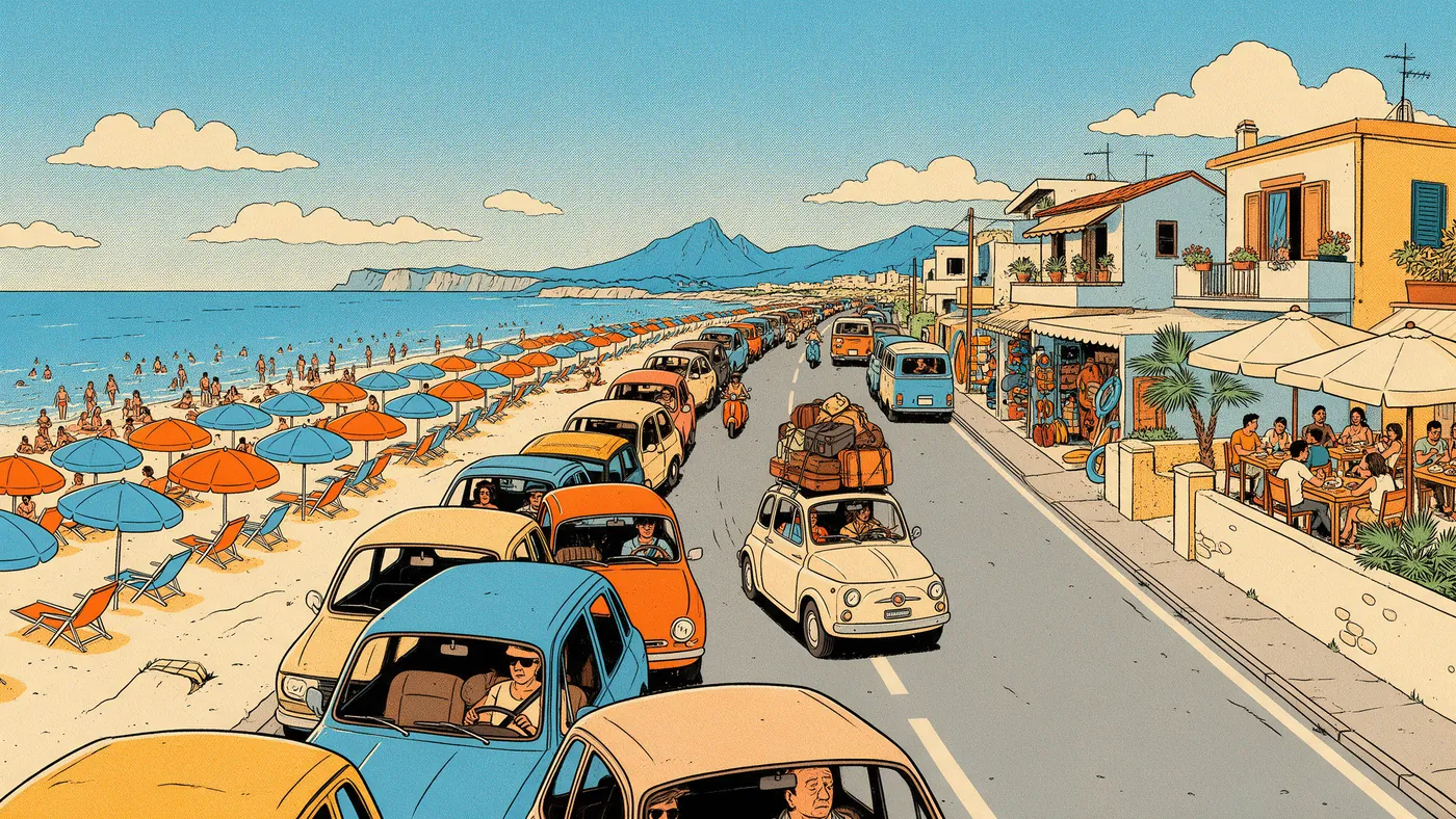 Illustrazione per l’articolo: Il signor Rossi, l'italiano medio che Bozzetto mandò in vacanza nel mondo